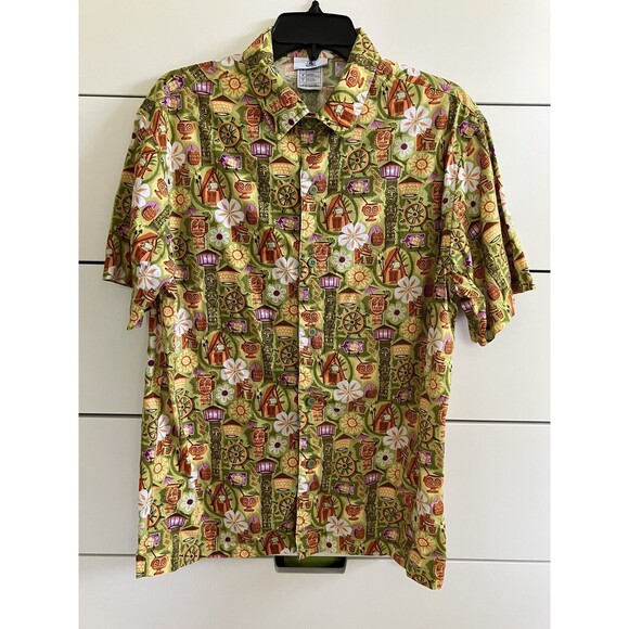 Disney Trader Sams Enchanted Tiki Bar Room Hawaiian Button Down Shirt SHAG Art